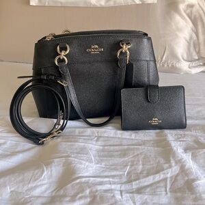 Coach crossbody satchel with matching wallet, black with gold hardware